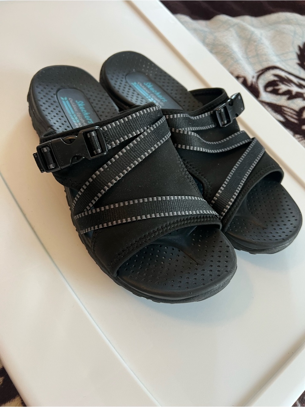 Skechers Black Slide Sandals with Reflective Trim